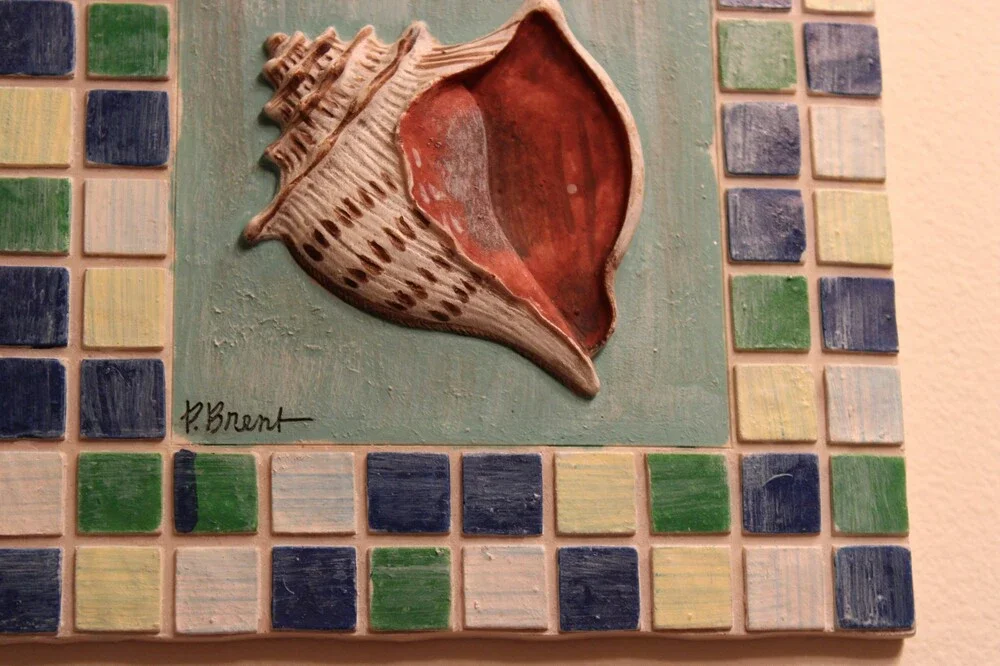 Vintage P Brent Sea Shell Mosaic Tile Wall Art Decor Plaques Conch Scallop 2
